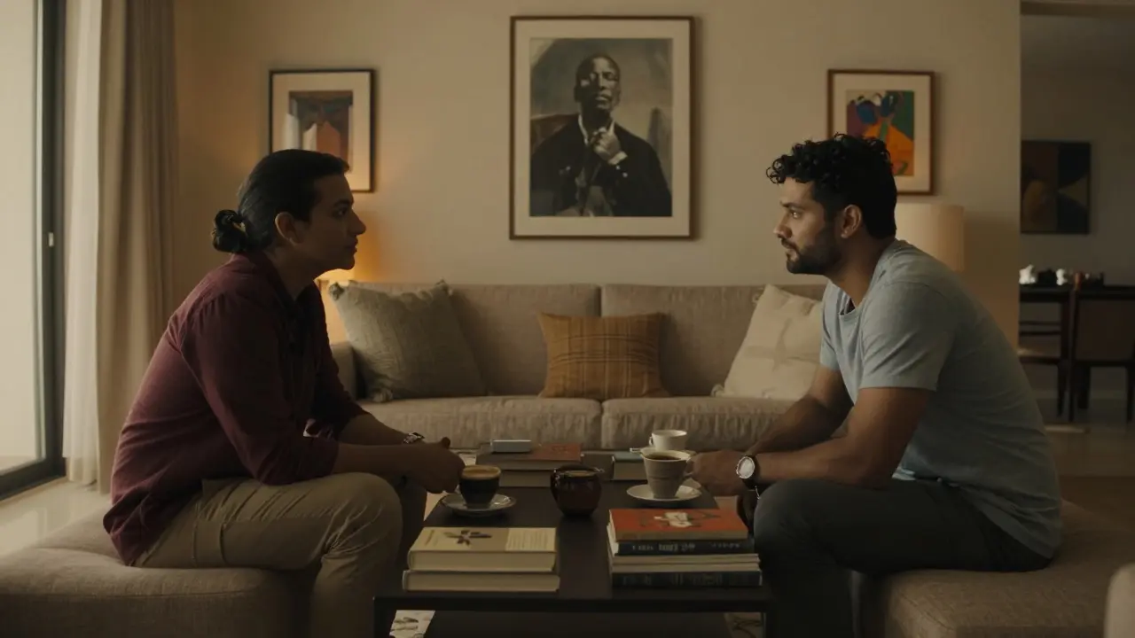 Two people having a quiet conversation over coffee in a private villa, surrounded by books and soft lighting.