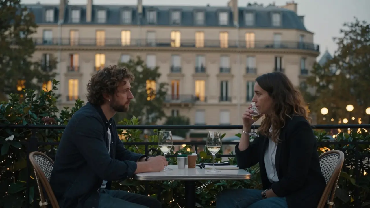 Two people having a respectful, non-intimate conversation in a Parisian garden at dusk.