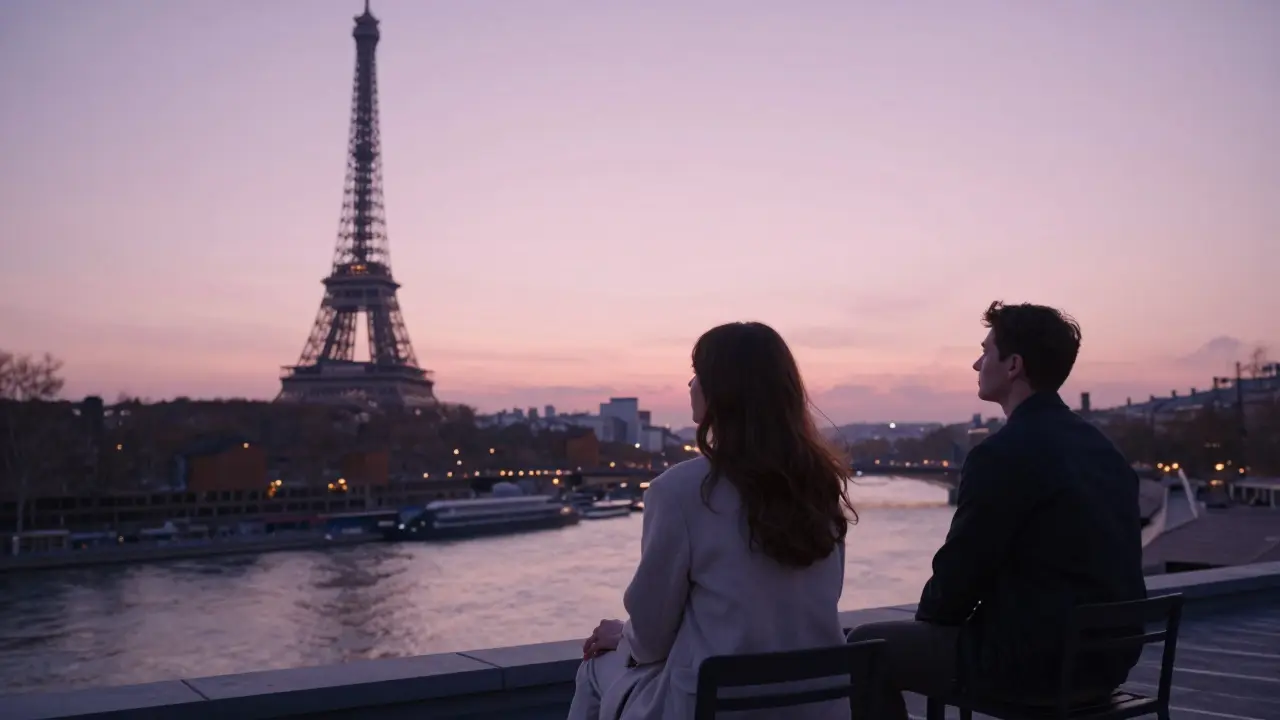 Two people sitting in silent contemplation on a Paris rooftop at sunset.