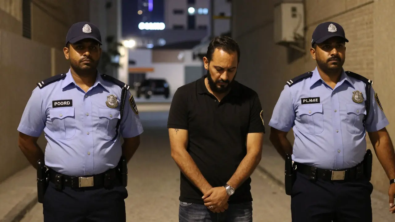UAE police officers arresting a suspect during an escort scam operation in a city alley.