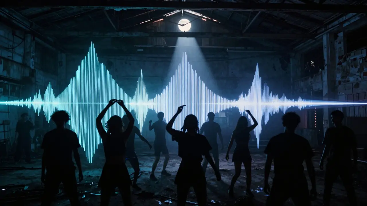 Underground warehouse party in Dalston with dancers silhouetted under pulsing strobe lights, no branding, just raw energy and sound in the dark.