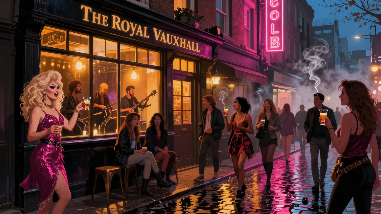 Vibrant Soho nightlife with drag performers handing out drinks, jazz musicians playing in a warmly lit club, and colorful neon signs glowing on wet streets.