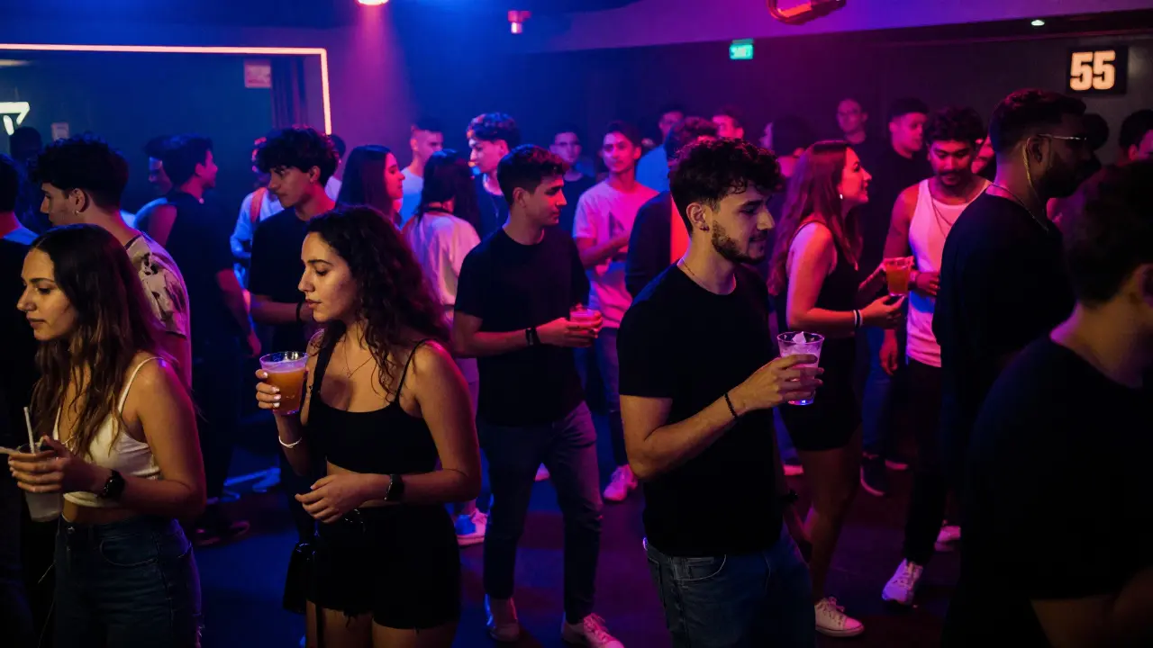 Young crowd dancing energetically in a neon-lit underground club in Larvotto.