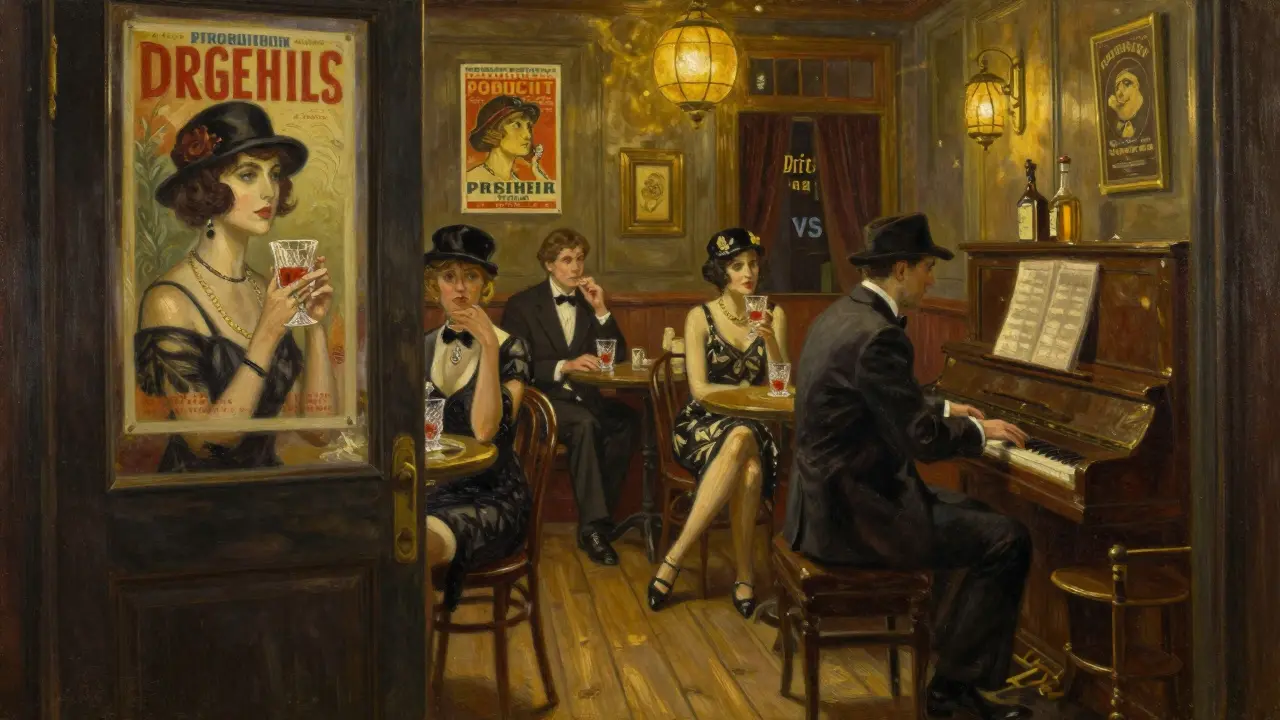 A 1920s speakeasy with patrons in vintage attire, a pianist playing jazz under warm golden lighting.