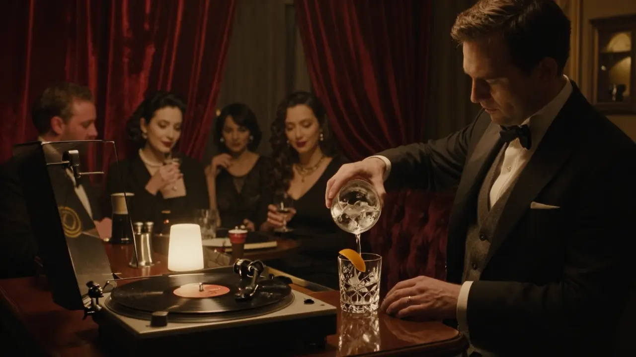 A bartender pouring a gin tonic in the quiet, dimly lit La Scala Bar after midnight.