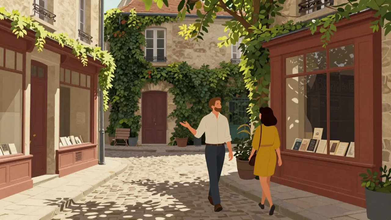 A companion points toward a hidden café in the Marais as a traveler looks on, surrounded by ivy-covered buildings and dappled sunlight.
