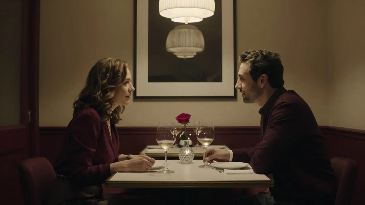 A couple enjoying a quiet dinner at a luxury Berlin restaurant with soft lighting and wine glasses.