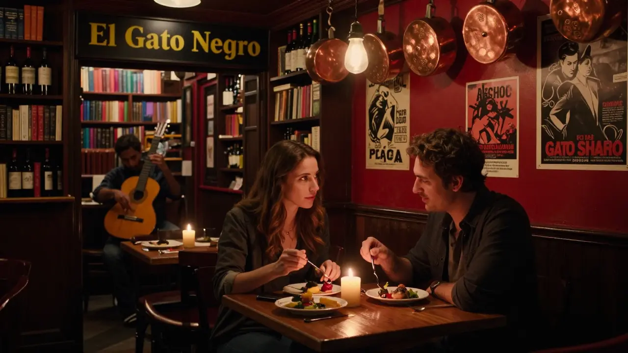 A couple sharing tapas in the dim, intimate glow of El Gato Negro, hidden in Soho.
