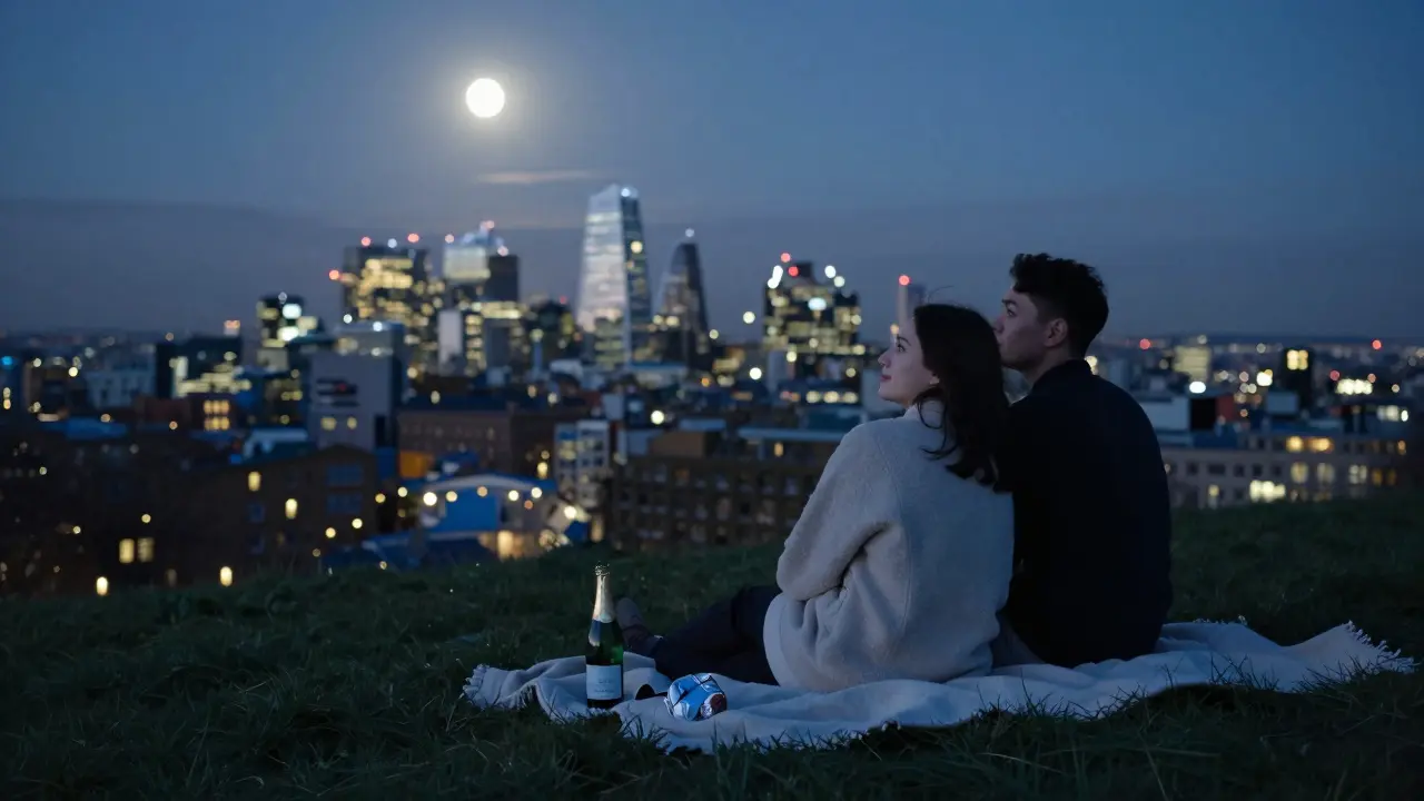 A couple sitting peacefully on Primrose Hill at night, the London skyline glowing below.