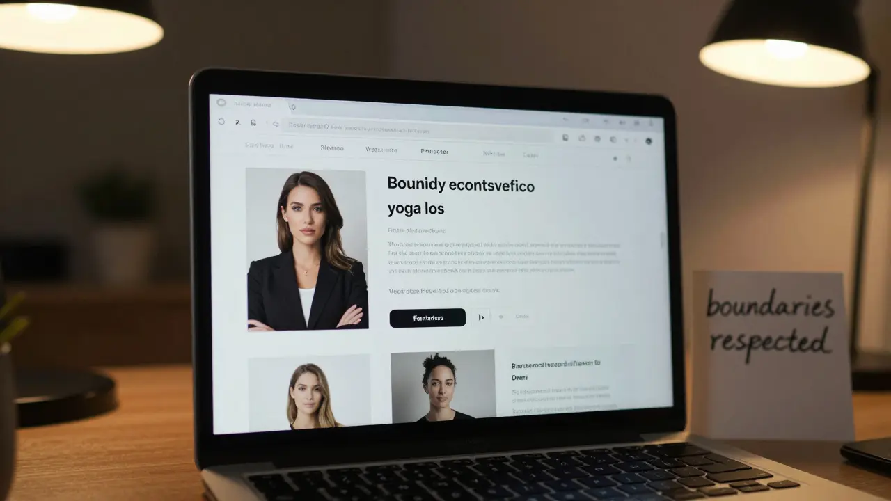 A detailed escort profile on a laptop screen showing clear interests and professional language, with no stock photos or filters.