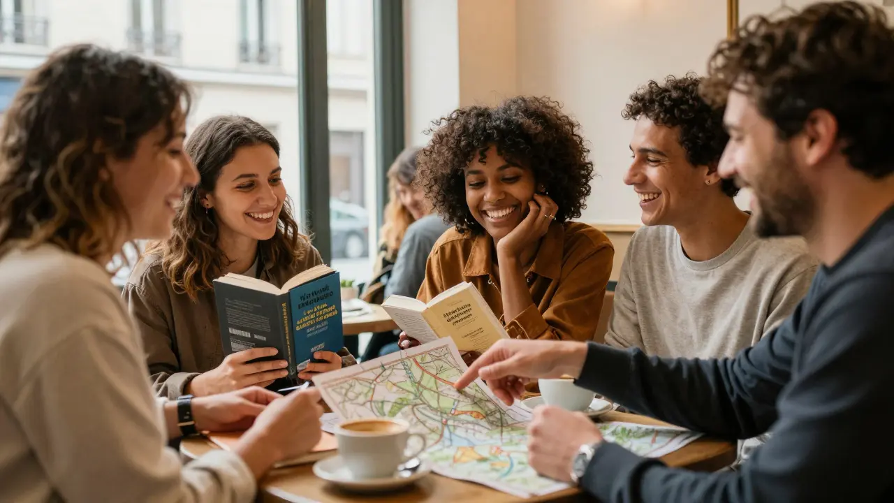 A diverse group of people enjoying coffee and conversation in a Parisian café, sunlight streaming through windows.