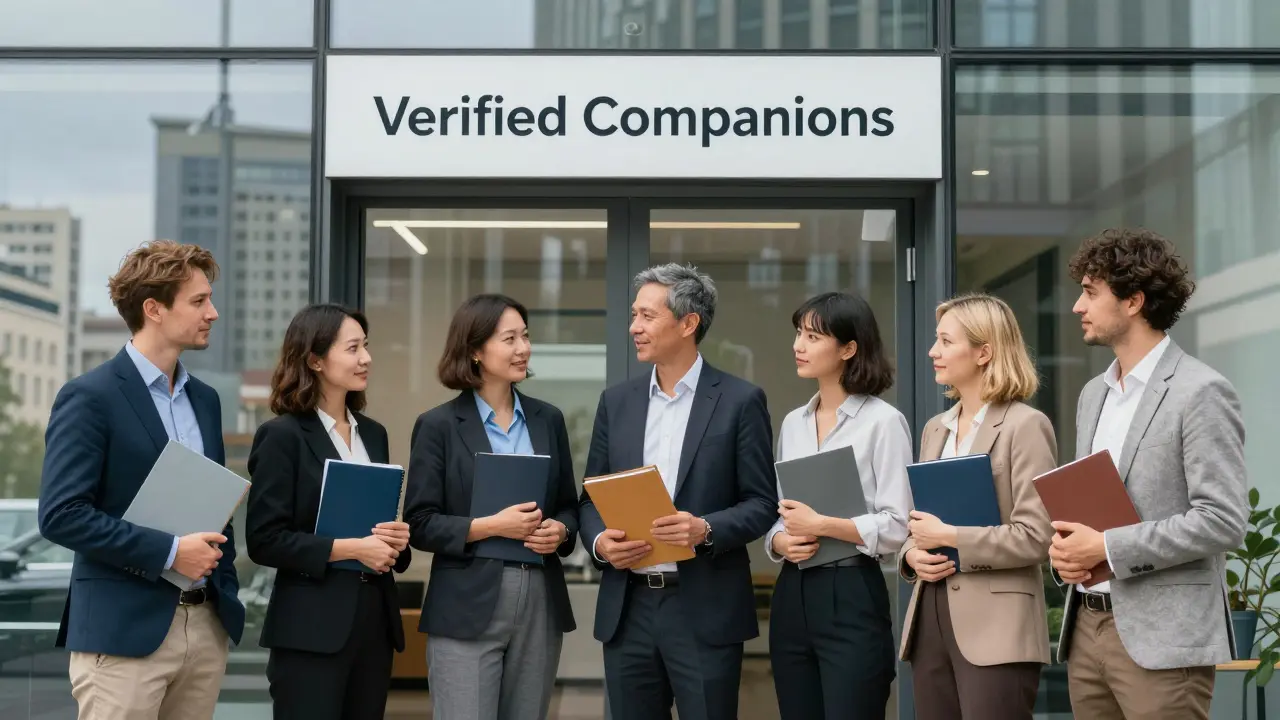 A diverse group of verified companions standing outside a professional escort agency in Berlin, exuding professionalism and discretion.