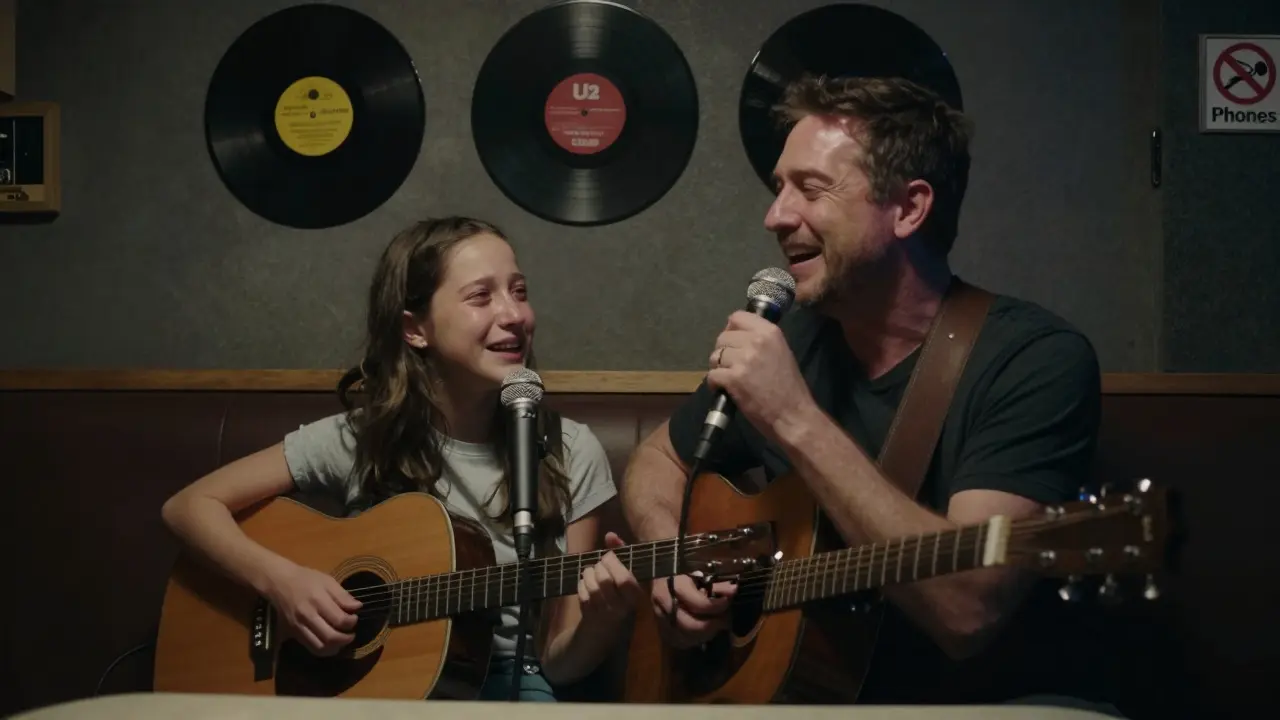 A father and daughter singing together in a cozy, dimly lit karaoke booth with a 'No Phones' sign.