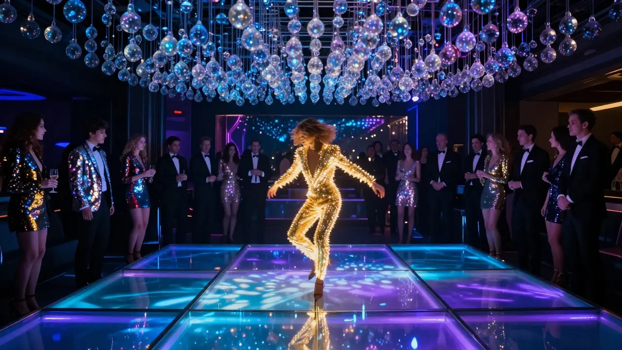A glowing glass dance floor under a ceiling of crystal beads, bathed in shifting sapphire and gold light in an exclusive nightclub.