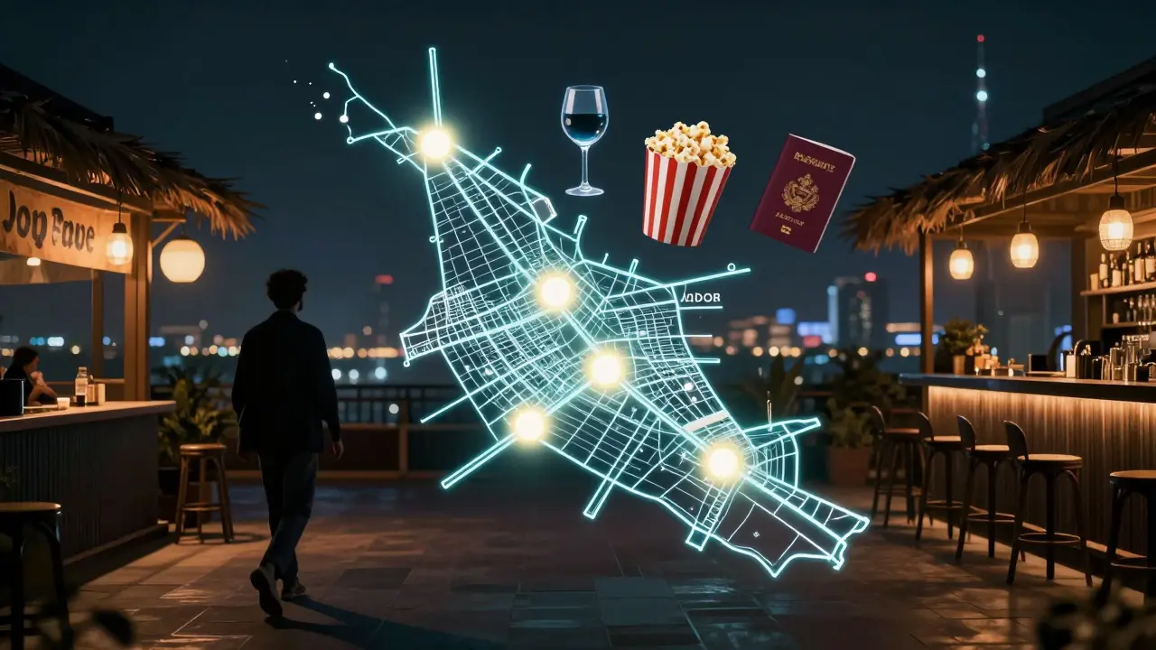 A glowing map showing hidden happy hour spots in Abu Dhabi with drinks and snacks floating nearby.