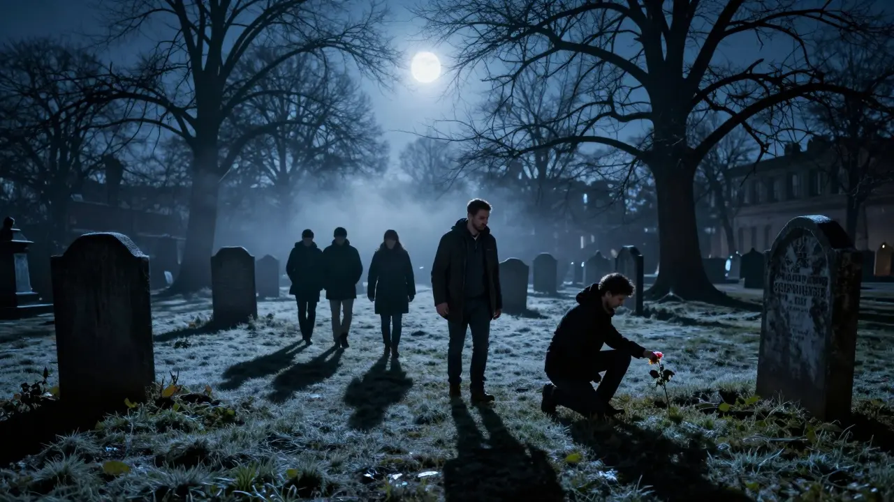 A guide leads a quiet group through a moonlit Berlin cemetery, shadows and mist adding a reflective mood.