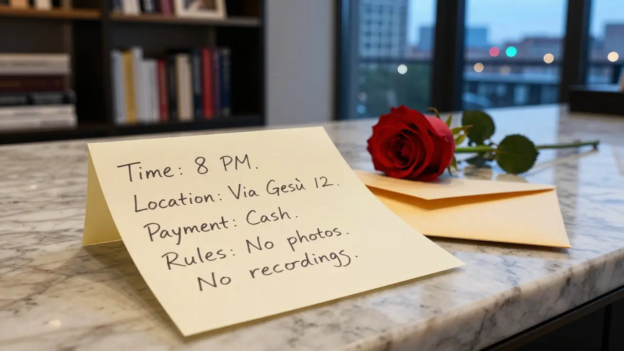 A handwritten agreement note on premium paper, with a rose and envelope, symbolizing professionalism and clear boundaries in Milan.