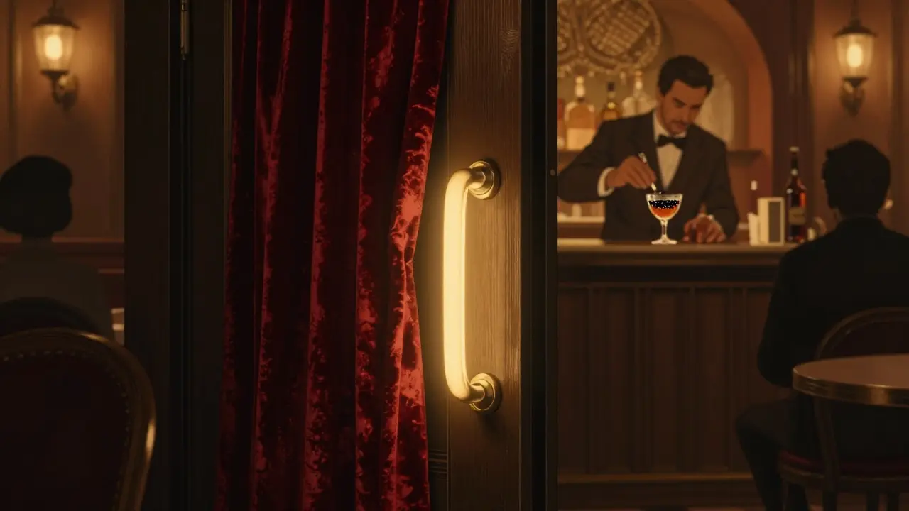 A hidden bar behind a refrigerator door, glowing with warm light, a bartender mixing a smoky cocktail.