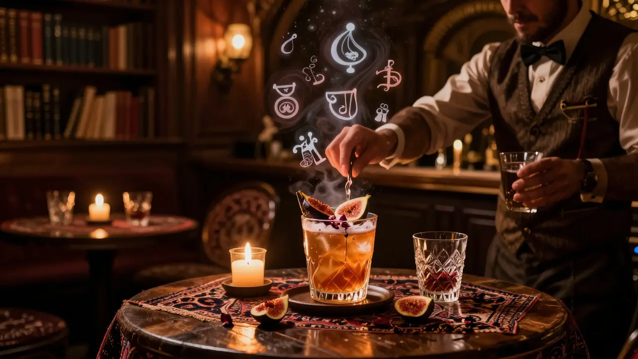 A hidden Istanbul speakeasy where a bartender mixes a cocktail infused with rosewater and fig syrup, lit by candlelight.