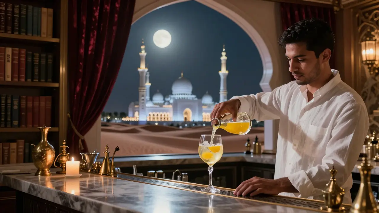 A hidden rooftop bar offering a view of the Sheikh Zayed Grand Mosque at night, with a mixologist pouring a rare desert-inspired cocktail.