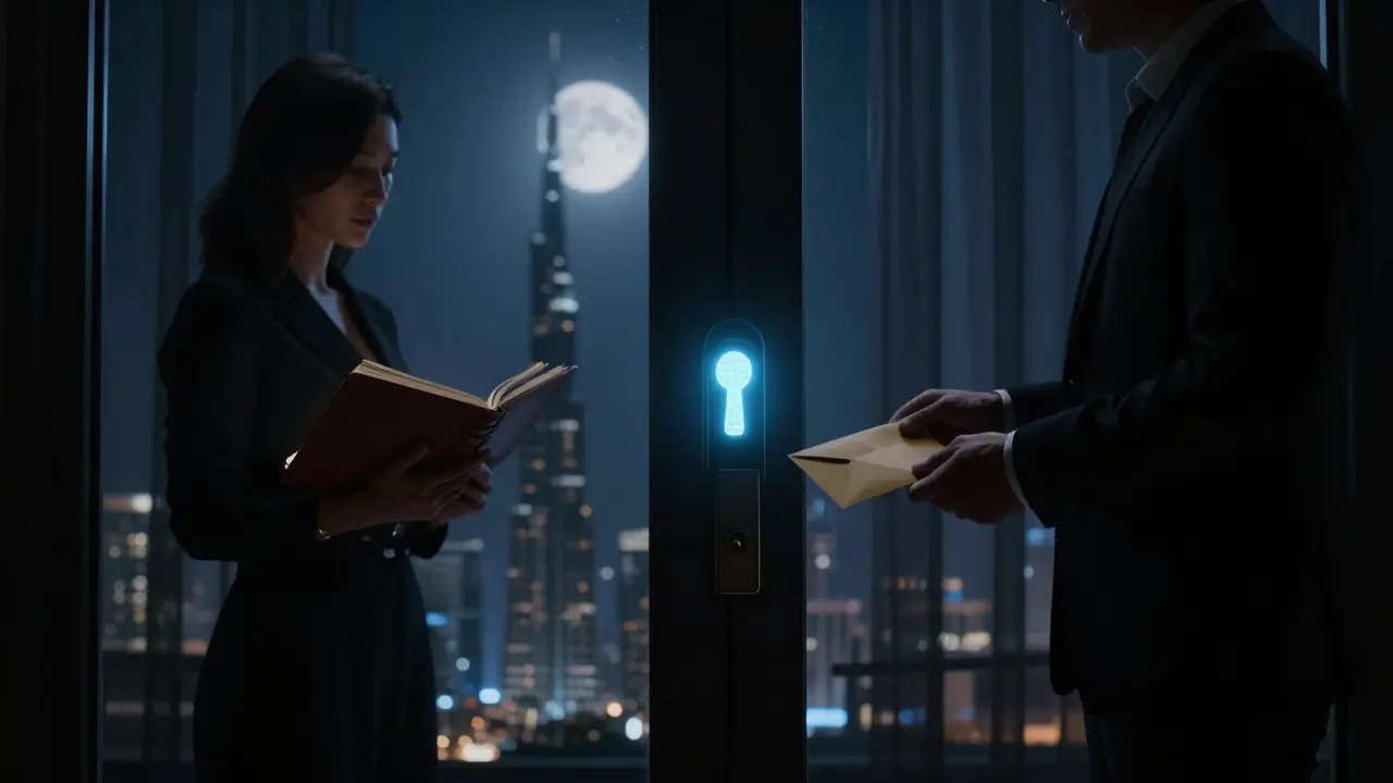 A locked apartment door with a glowing keyhole, symbolizing secrecy and access in Dubai's elite companionship world.