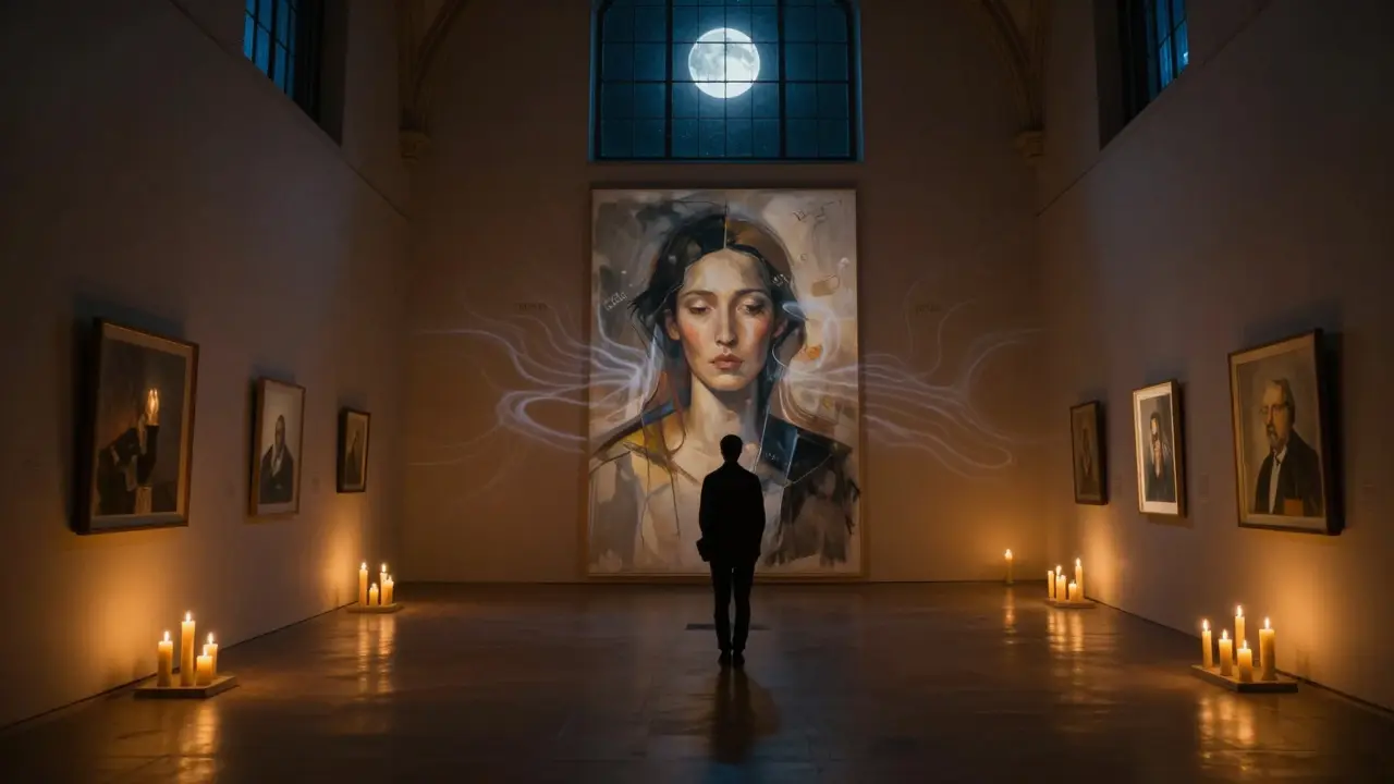 A lone visitor stands before an abstract portrait in a candlelit gallery, surrounded by silence.