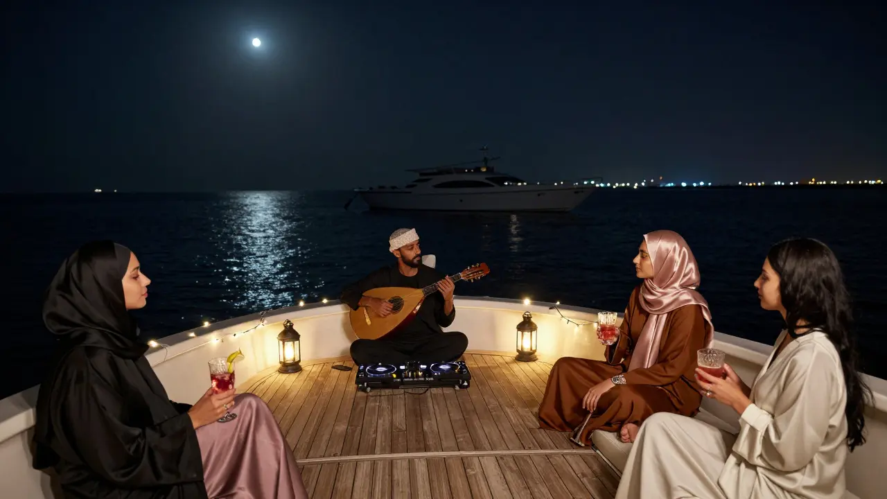 A luxurious private yacht at midnight, featuring a live oud player and guests enjoying the calm of the Persian Gulf under lantern light.