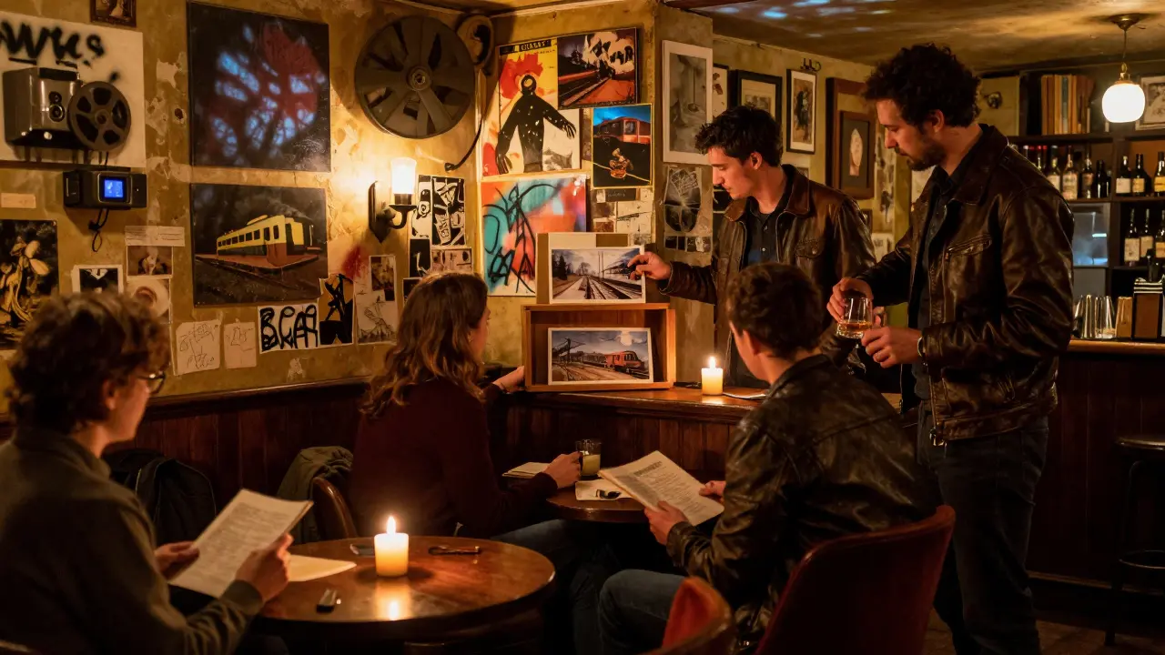 A man places a photo on a shelf in a dim basement art bar filled with mixed-media walls.