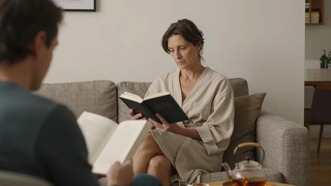 A mature escort and client sitting together in peaceful silence, reading books in a cozy Berlin apartment.