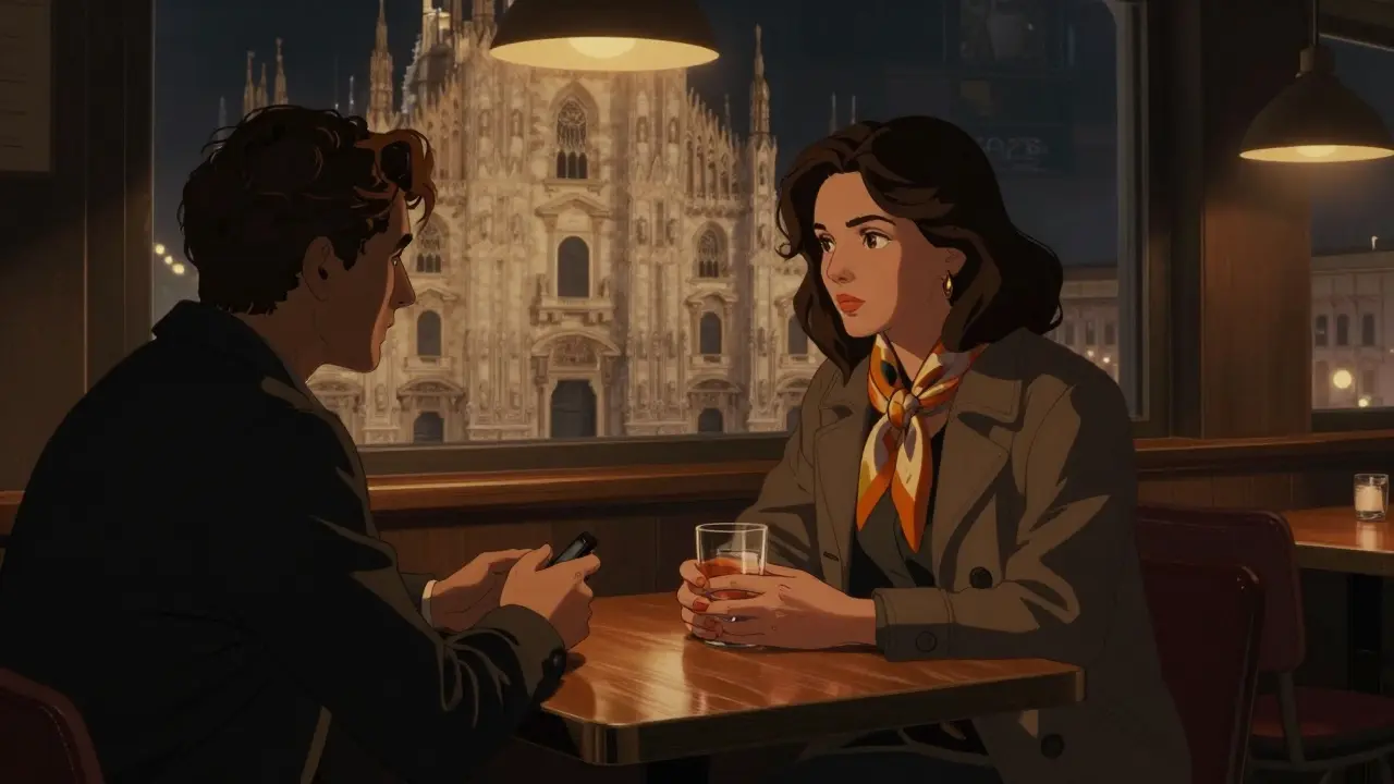 A Milanese woman at Bar Basso, listening thoughtfully, dim lighting, Duomo glow in background.