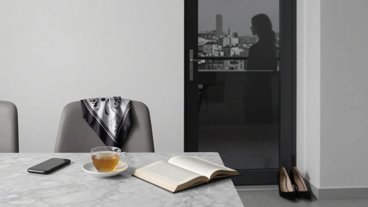 A minimalist apartment interior with traces of a woman's presence: a scarf, a phone, a book, and tea cooling on marble.