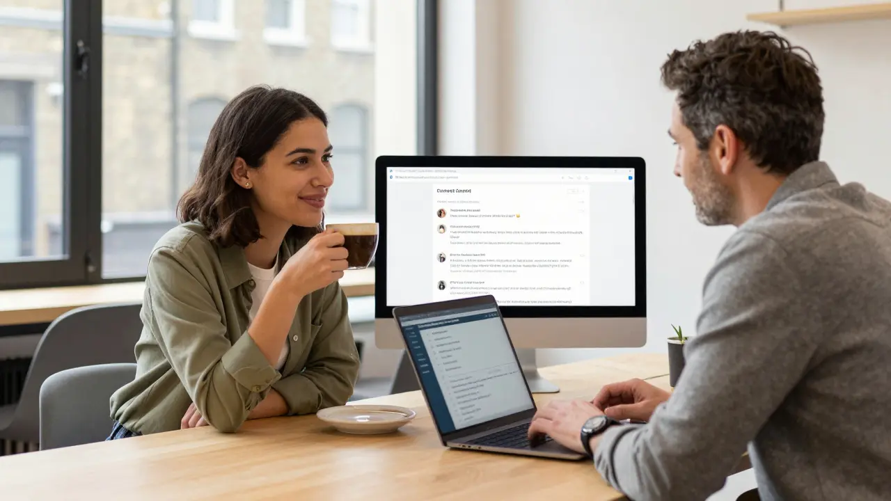 A modern woman and man meet casually in a London co-working space, laptops visible with encrypted messaging on screen.