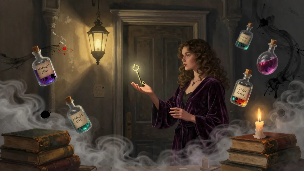 A mysterious hidden bar where a woman offers a glowing key to a secret potion.