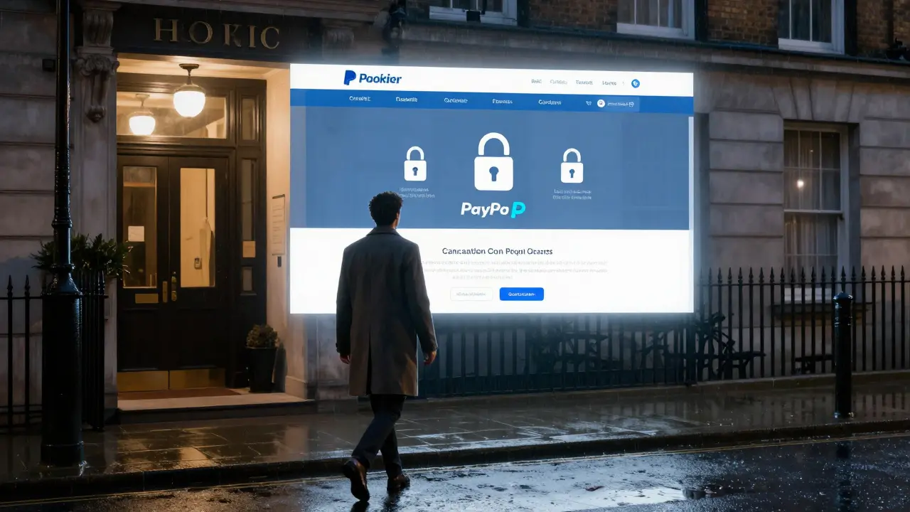 A person walking away from a hotel at night in London, with a secure booking website interface subtly visible in the background.