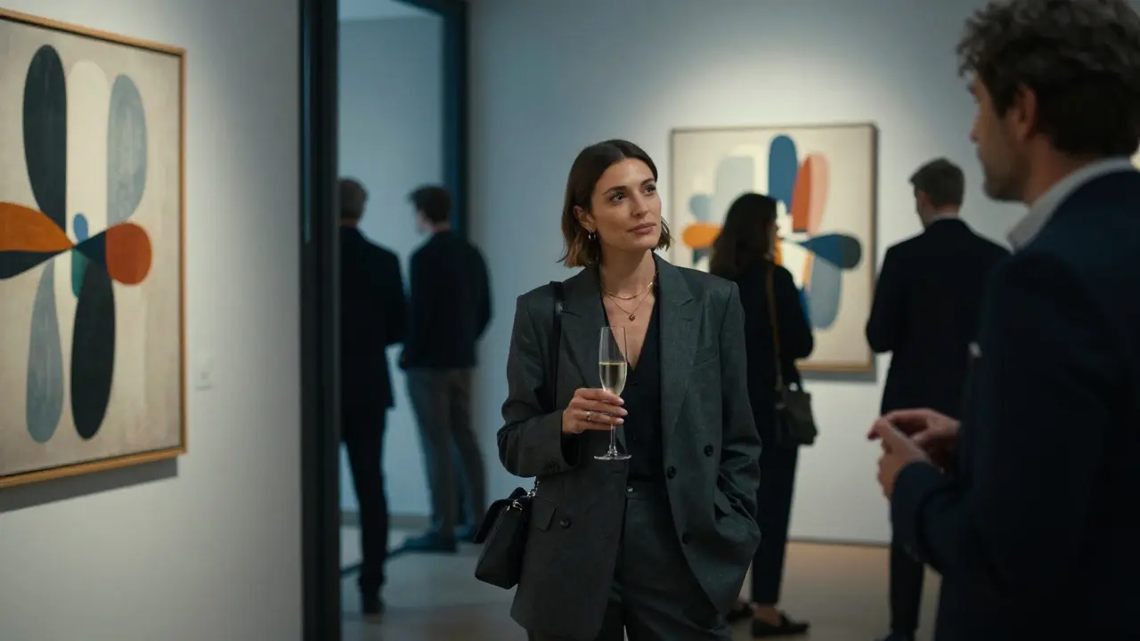 A poised woman in a minimalist suit engages in thoughtful dialogue at a private art gallery opening in Brera.