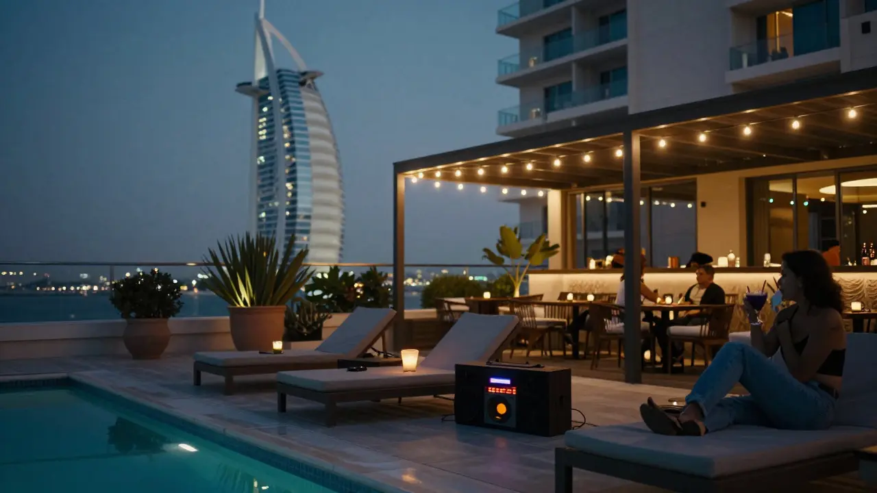 A quiet rooftop lounge with patrons relaxing by a pool, city lights glowing in the background at night.