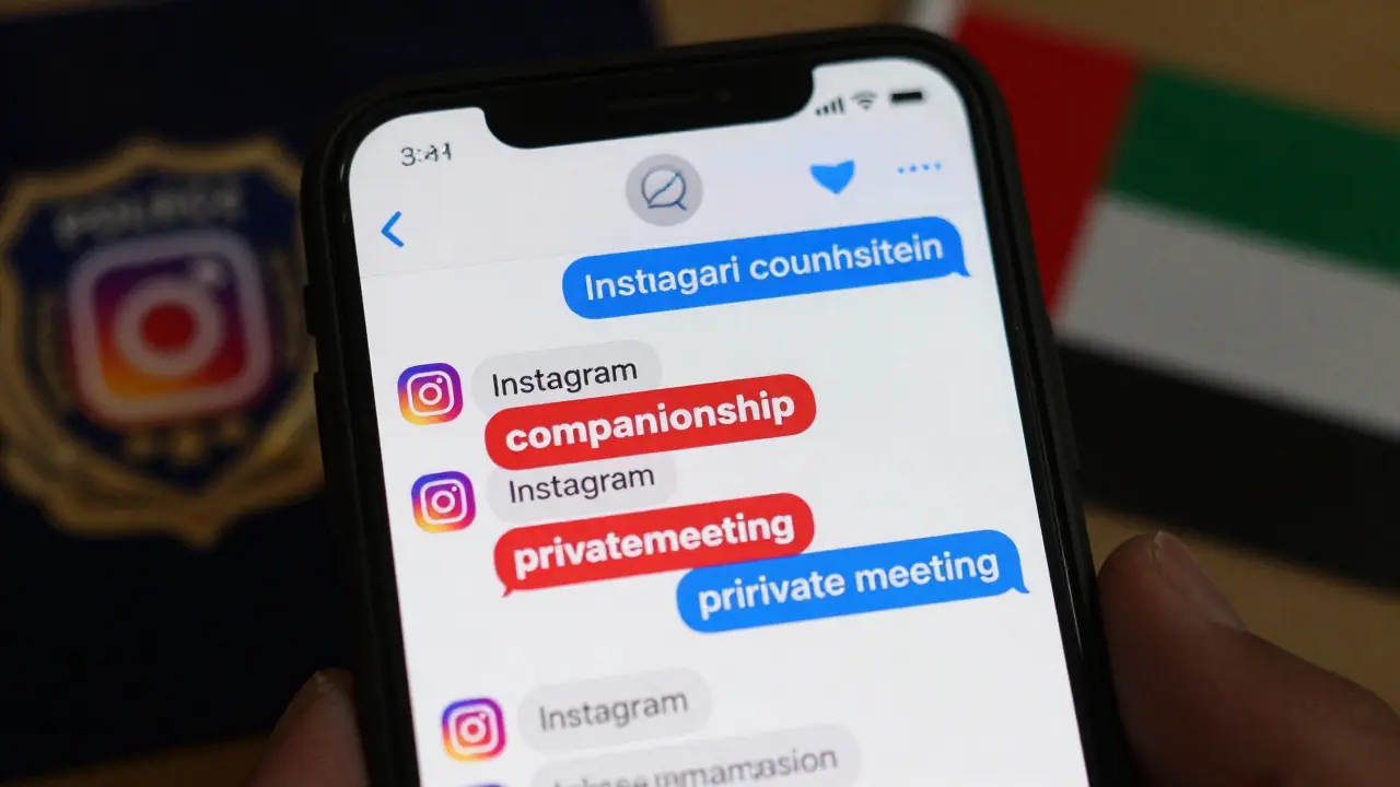A smartphone screen showing flagged messages with escort-related keywords, overlaid with police badge silhouettes and UAE flag elements.
