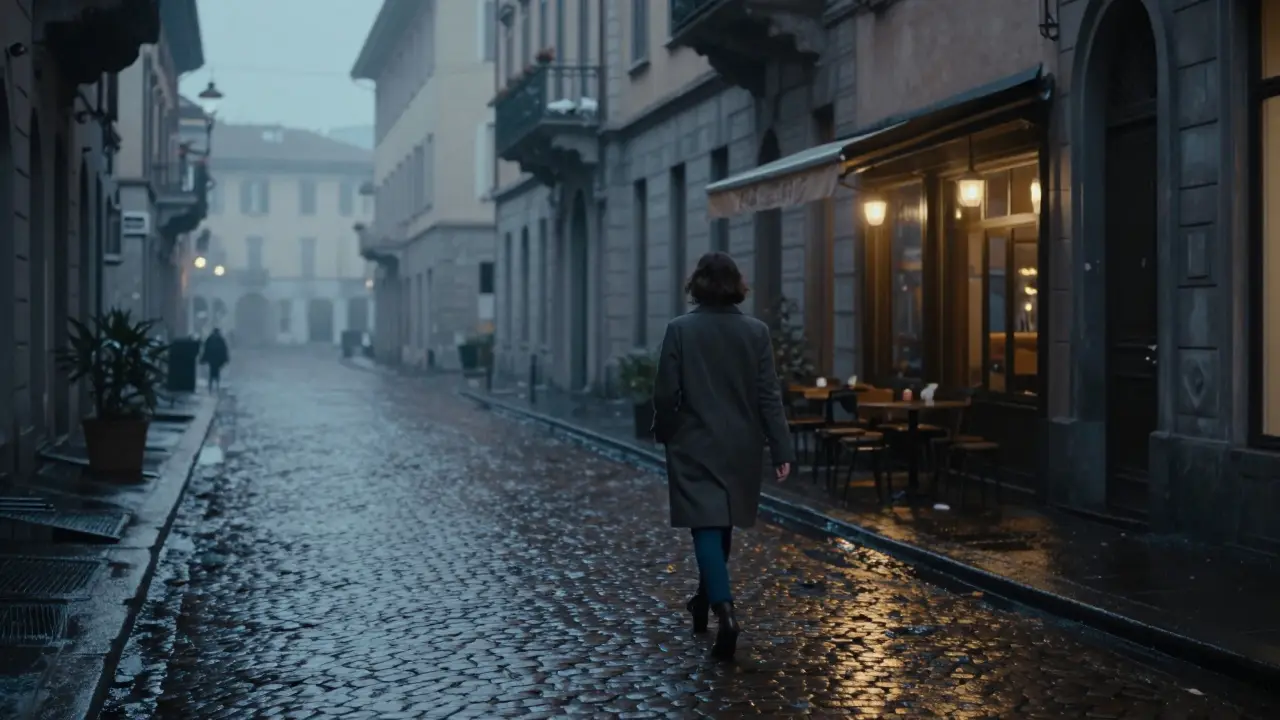 A solitary woman walking away in Brera at dusk, embodying privacy and the quiet elegance of discreet companionship.