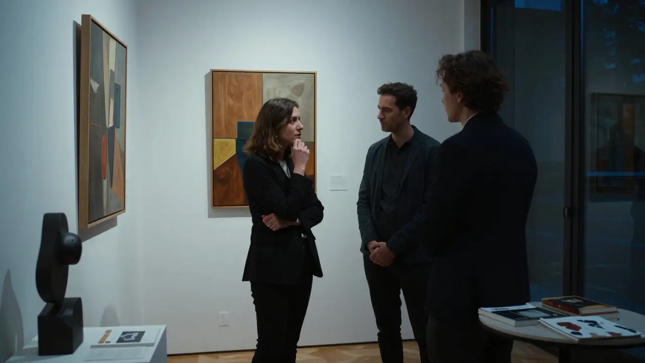 A sophisticated companion conversing with a client at an art gallery opening in Berlin at night.