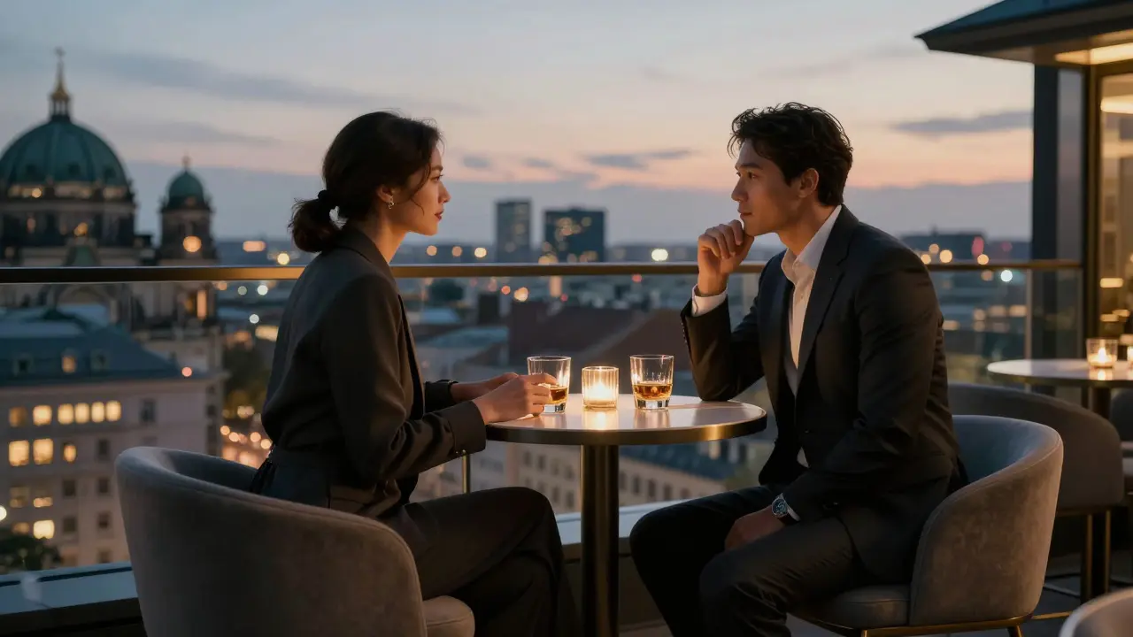 A sophisticated couple enjoying a whisky on a rooftop lounge overlooking Berlin at dusk.