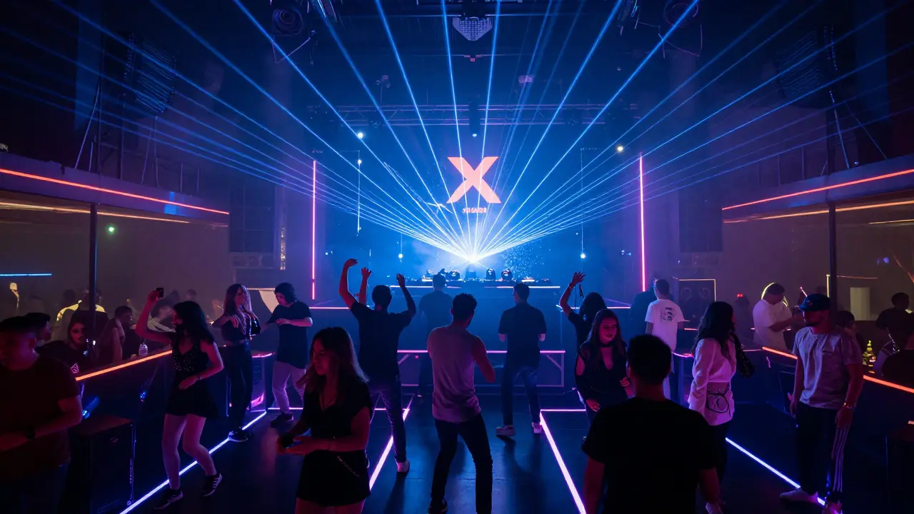 A vibrant nightclub with pulsing lights and a crowd dancing to deep house music under synchronized LED effects.