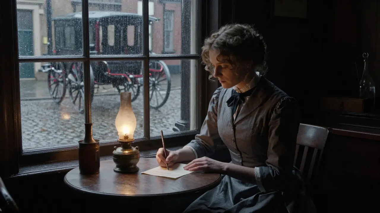 A Victorian-era woman writes alone in a dim backroom, rain streaking the window as oil lamp light casts soft shadows.