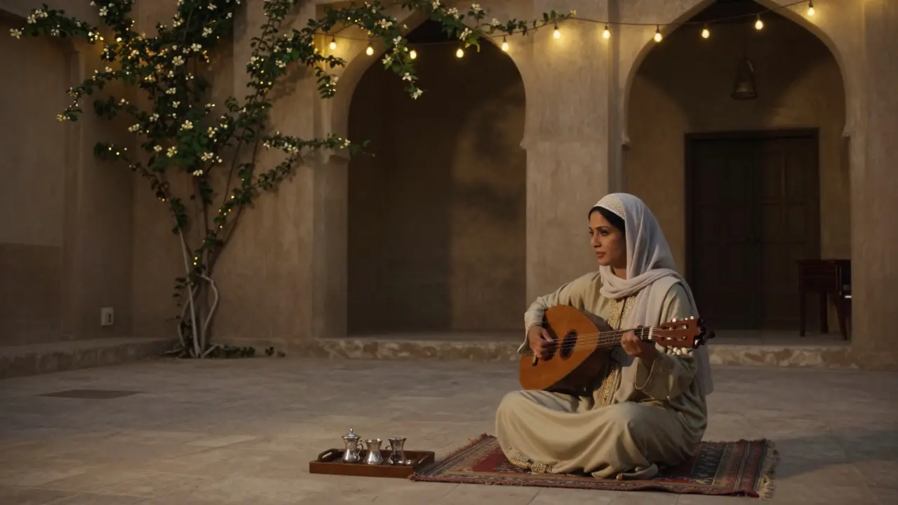 A woman listens to a poet in a traditional Emirati courtyard, surrounded by string lights and jasmine vines.