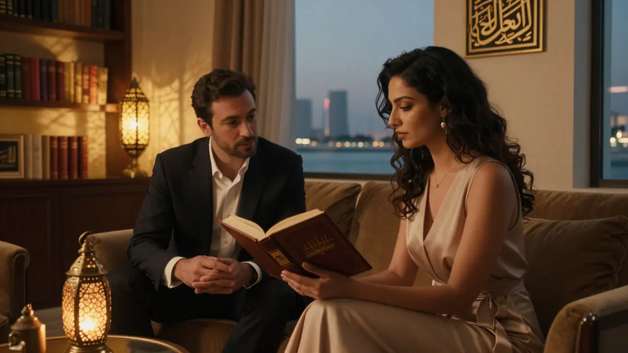 A woman reads from a book in a luxurious hotel lounge as a man listens, golden light and Arabic decor surrounding them.