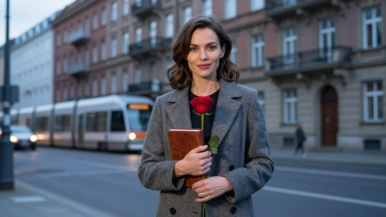 A woman standing confidently outside a Berlin building, holding a notebook and a red rose.