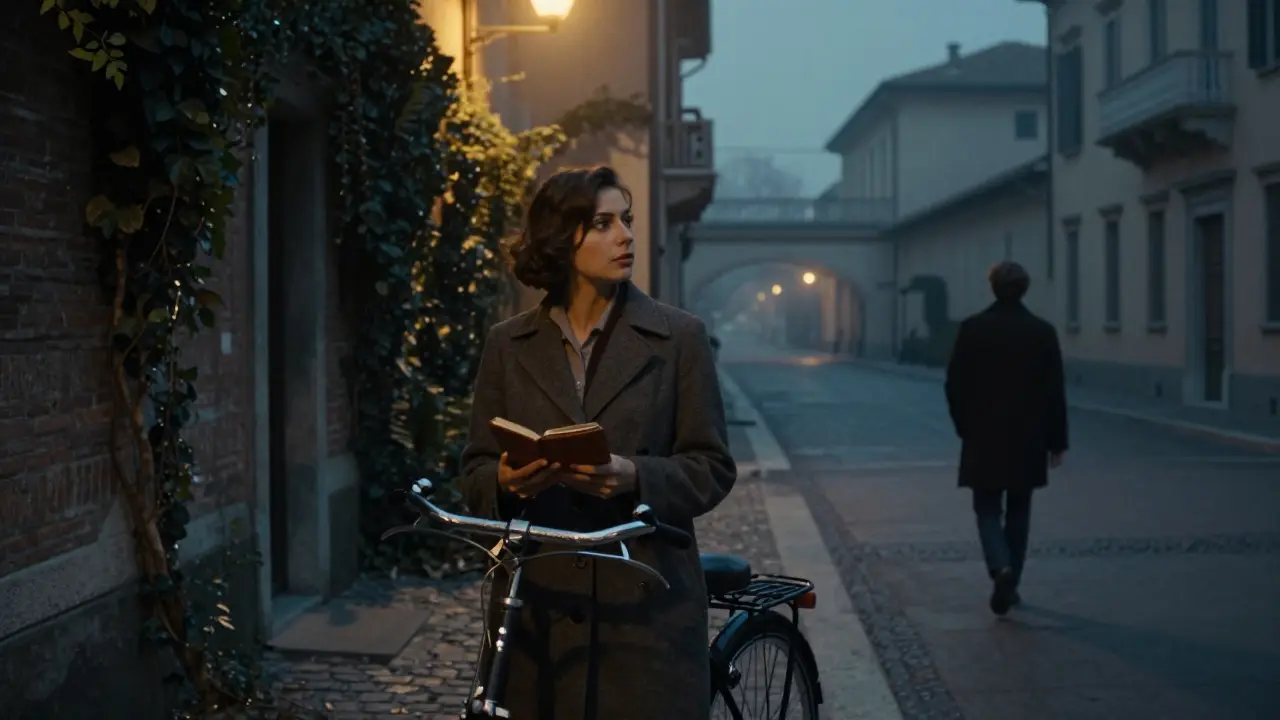 A woman standing in a misty Milan courtyard at twilight, her figure blending into the historic surroundings.