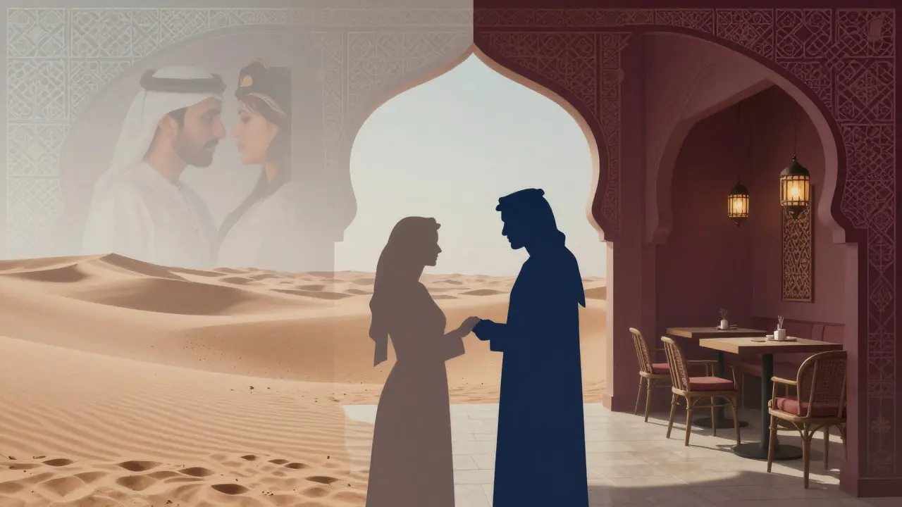 Abstract artwork blending Islamic patterns with modern romantic themes