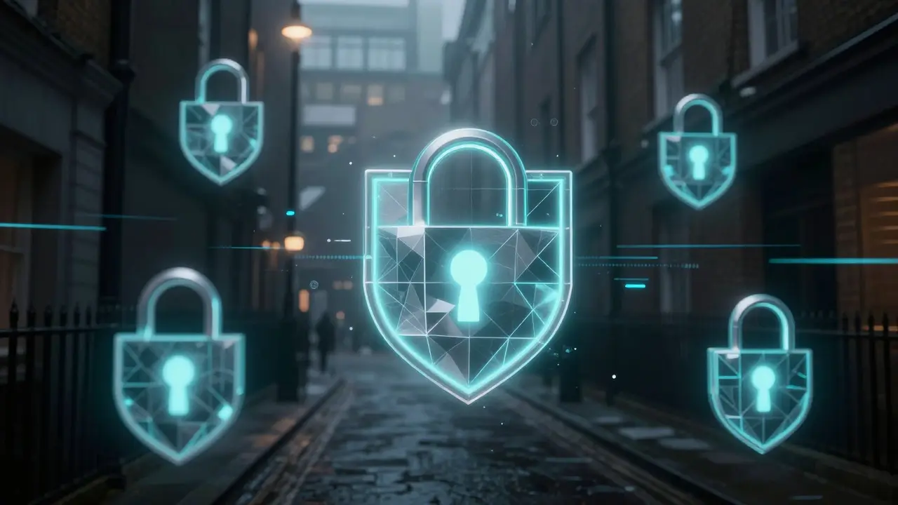 Abstract glowing shapes representing digital privacy security