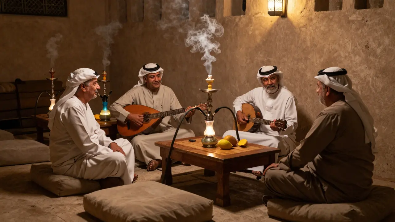 An authentic traditional shisha bar in Dubai's historic district, with elders smoking hookahs under soft lantern light.