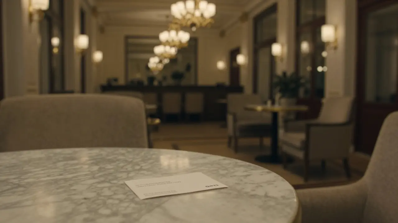 An elegant hotel lobby with empty chairs and a discarded business card on marble flooring, quiet and tense atmosphere.